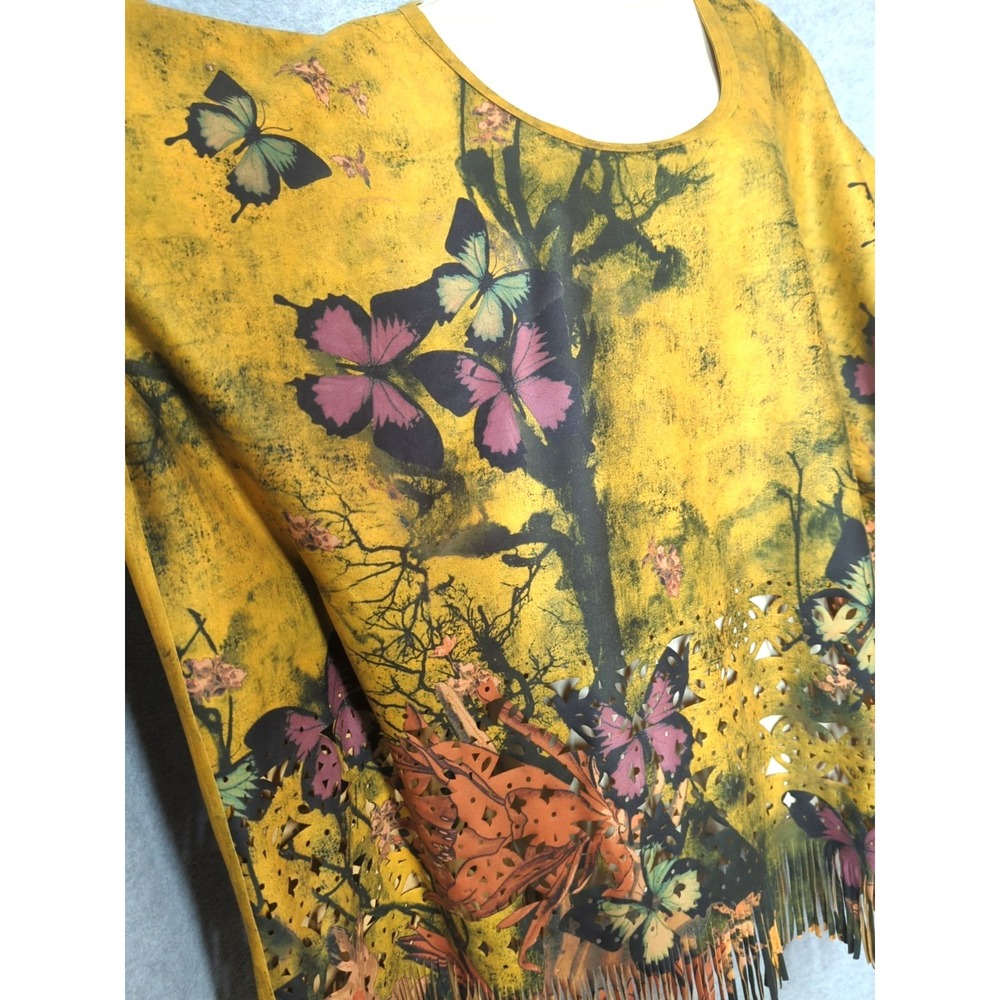 Vtg Adore Poncho Top XL Butterflies Fringe Art to Wear Festival Boho Lagan Look - Picture 5 of 11